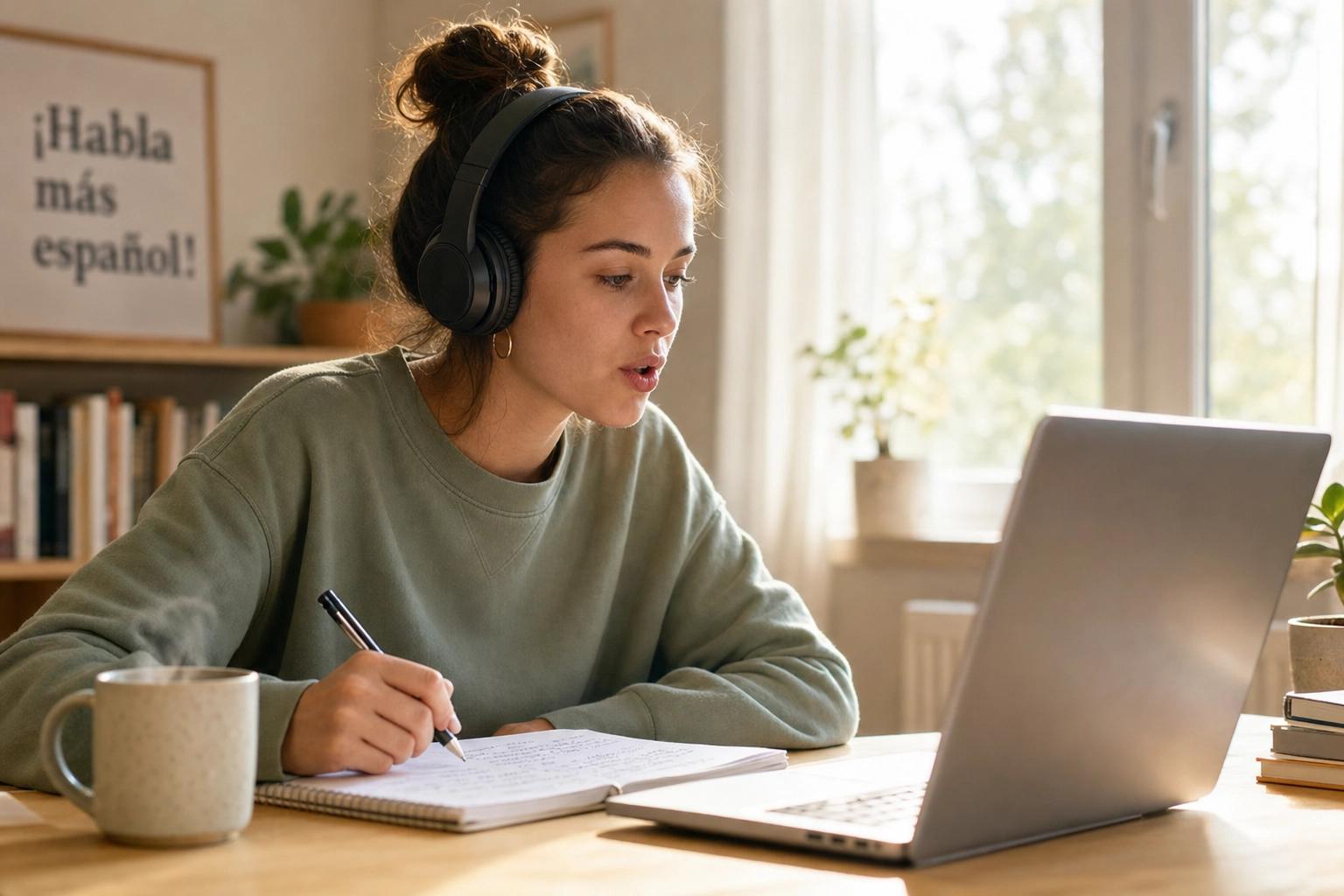 Persona estudiando inglés online desde una laptop en casa.