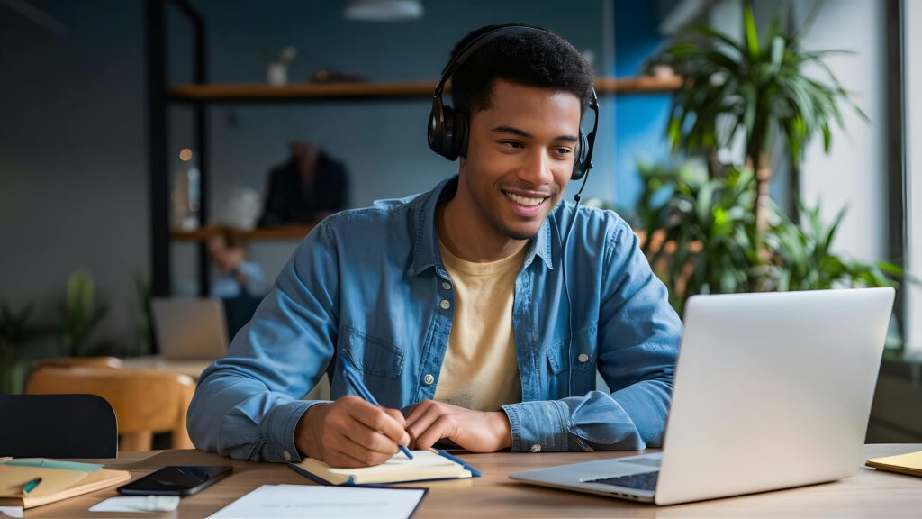Estudiante realizando ejercicios de inglés laboral en una computadora portátil.